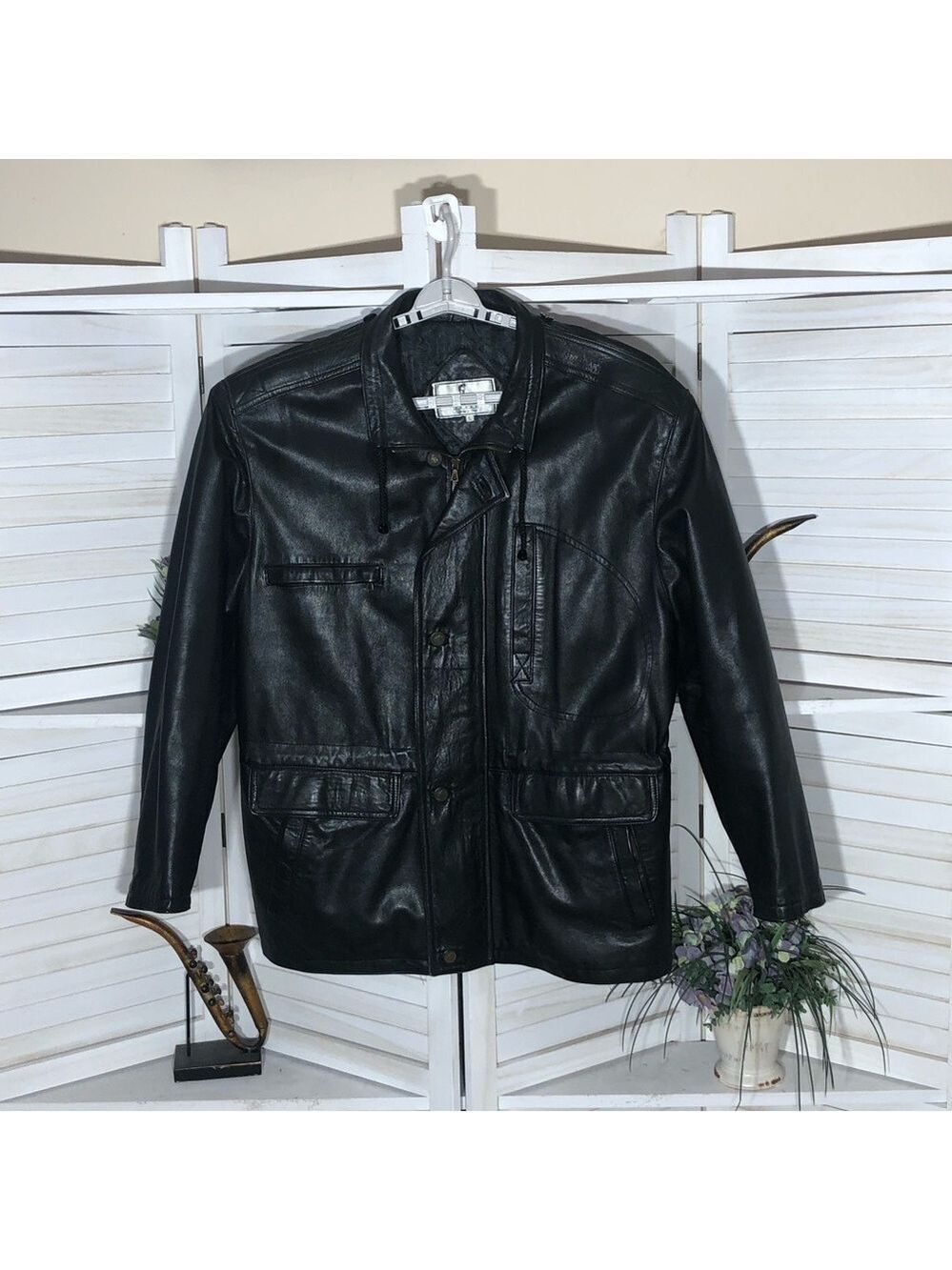Black leather moto jacket long coat real Italian leather biker rocker Vamp goth